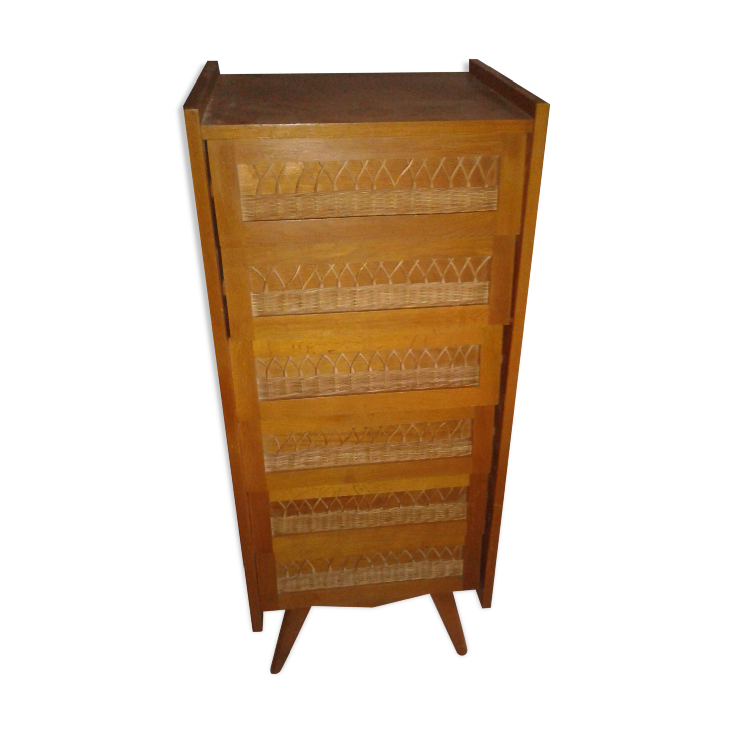 Dresser chest of drawers vintage wood and wicker feet compass