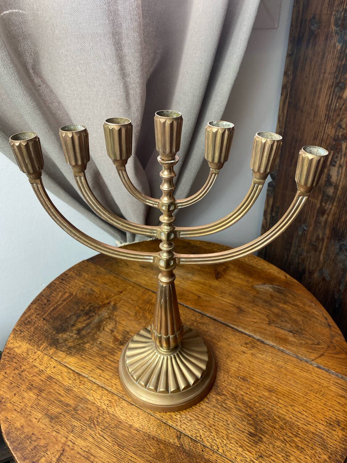 Menorah, seven-branched candlestick, in brass