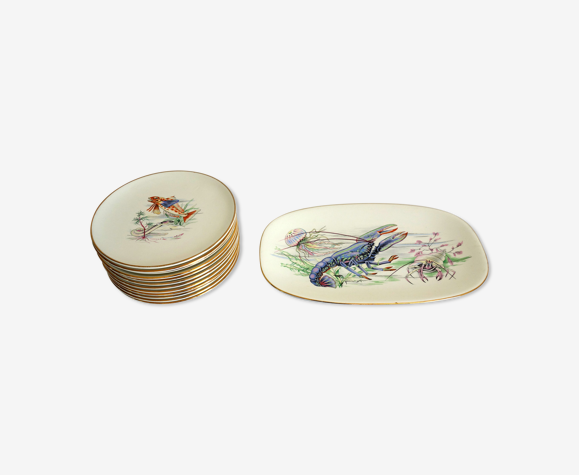 Service à poisson en faïence de gien vintage – 12 assiettes + 1 plat