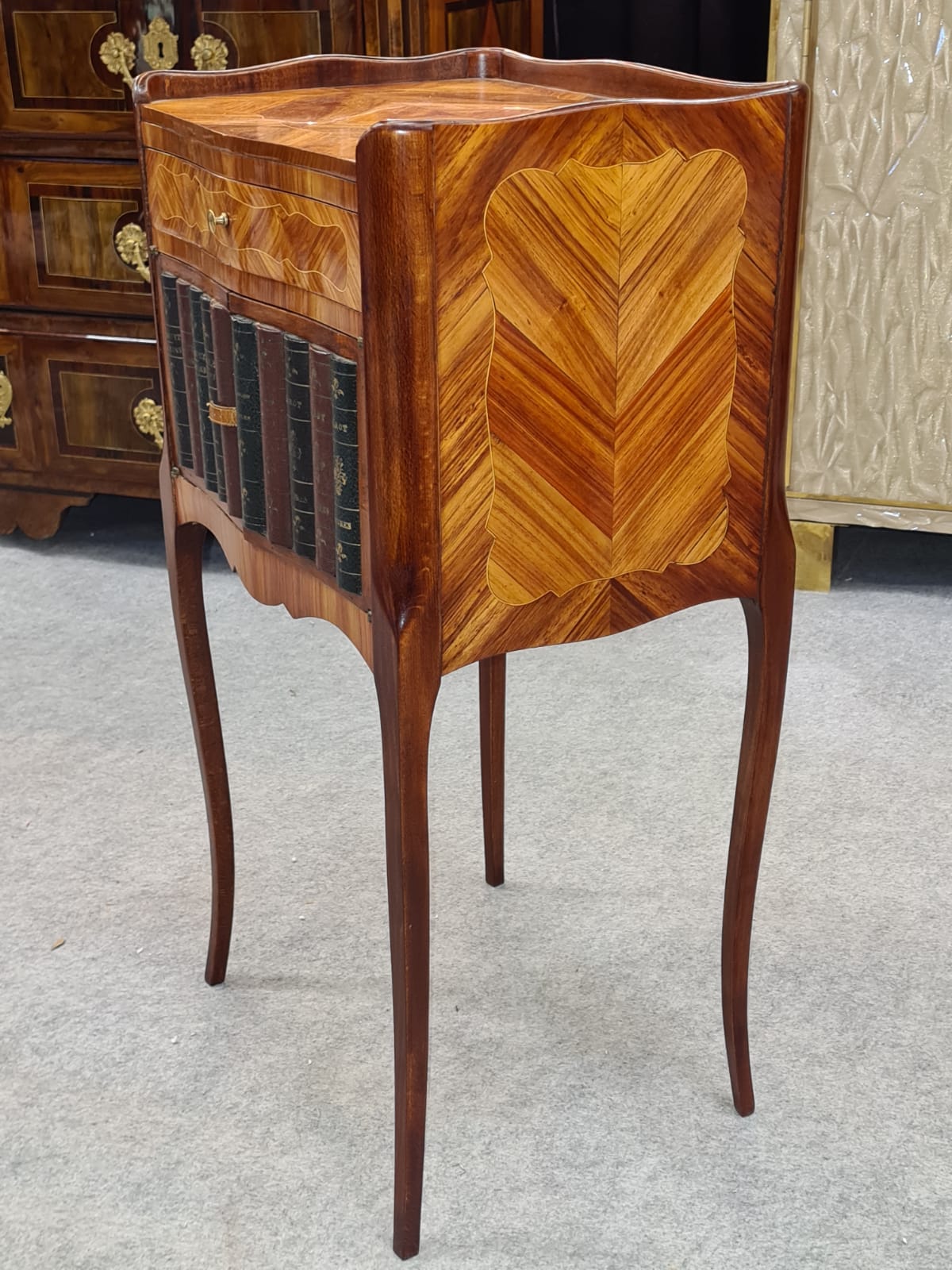 19th century marquetry and leather bedside, 19th century