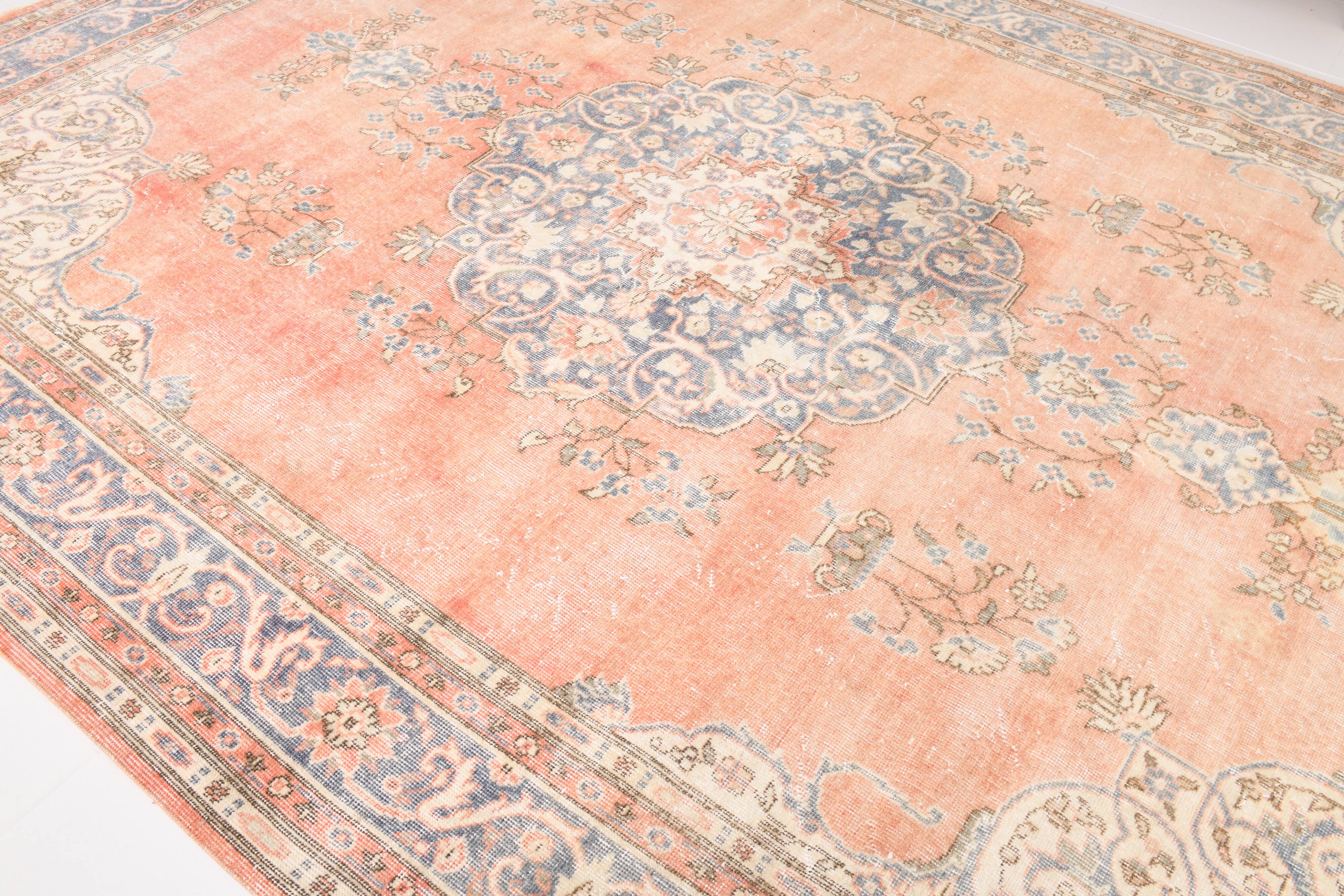 8x12 Classic Pattern Peach & Blue Vintage Rug, 258x357Cm