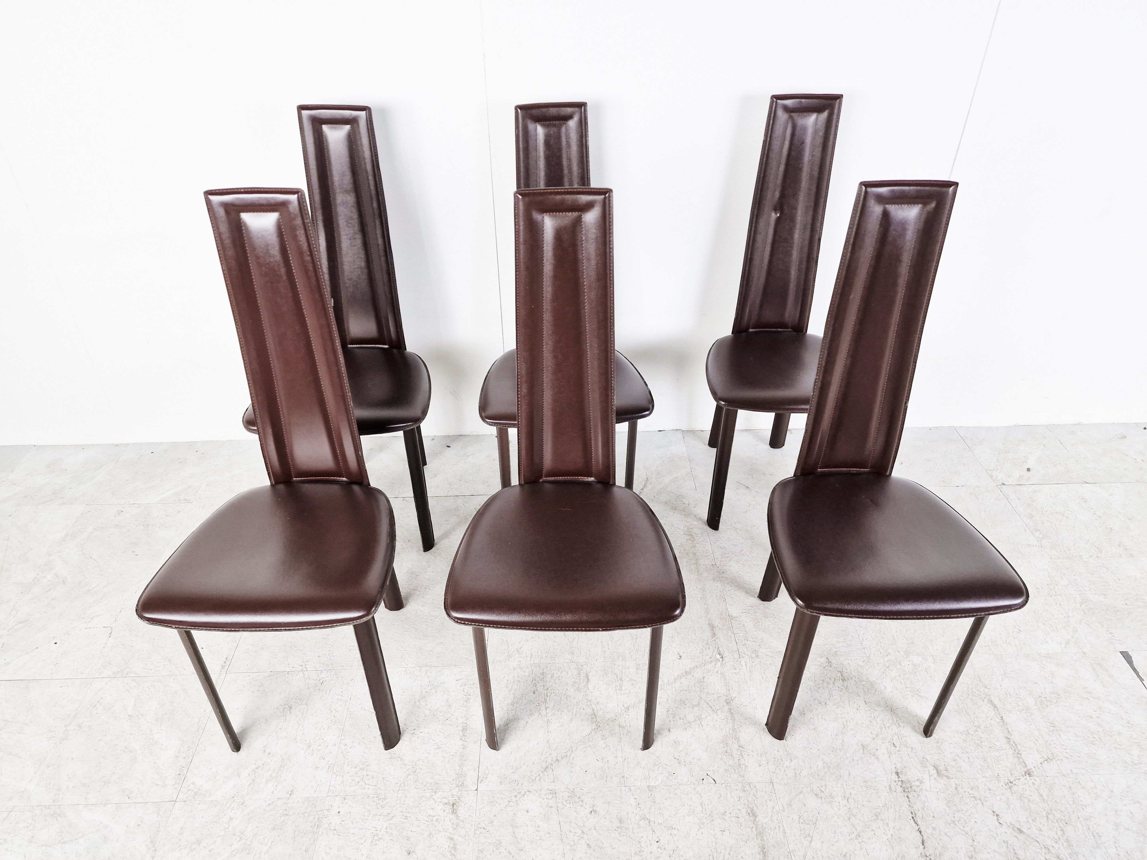 Vintage brown leather dining chairs, set of 6, 1980s