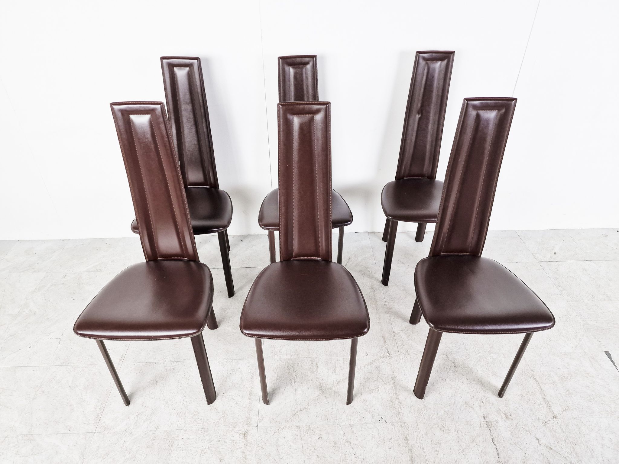Vintage brown leather dining chairs, set of 6, 1980s