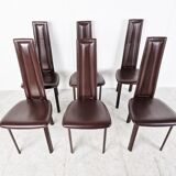 Vintage brown leather dining chairs, set of 6, 1980s