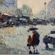 Huile sur toile vintage Notre Dame de Paris, scène de rue sous la pluie, signée 1950