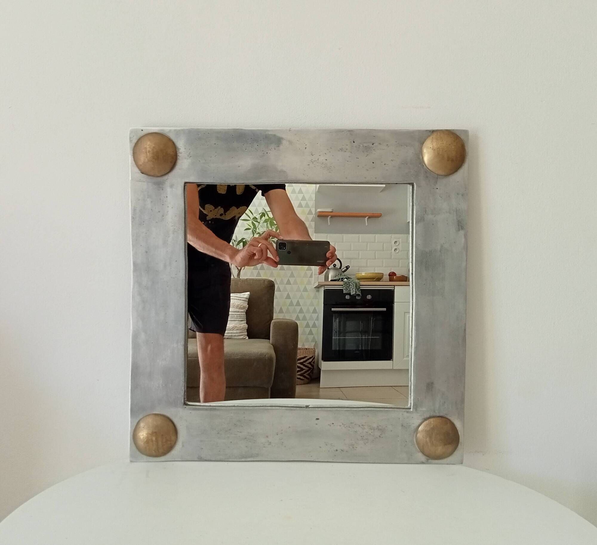 Vintage folk art mirror in cast aluminum and solid brass 60s/70s 50*50 cm