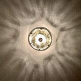 1 of 2 Large Brass and Floral Ice Glass Flush Light by Glashütte Limburg