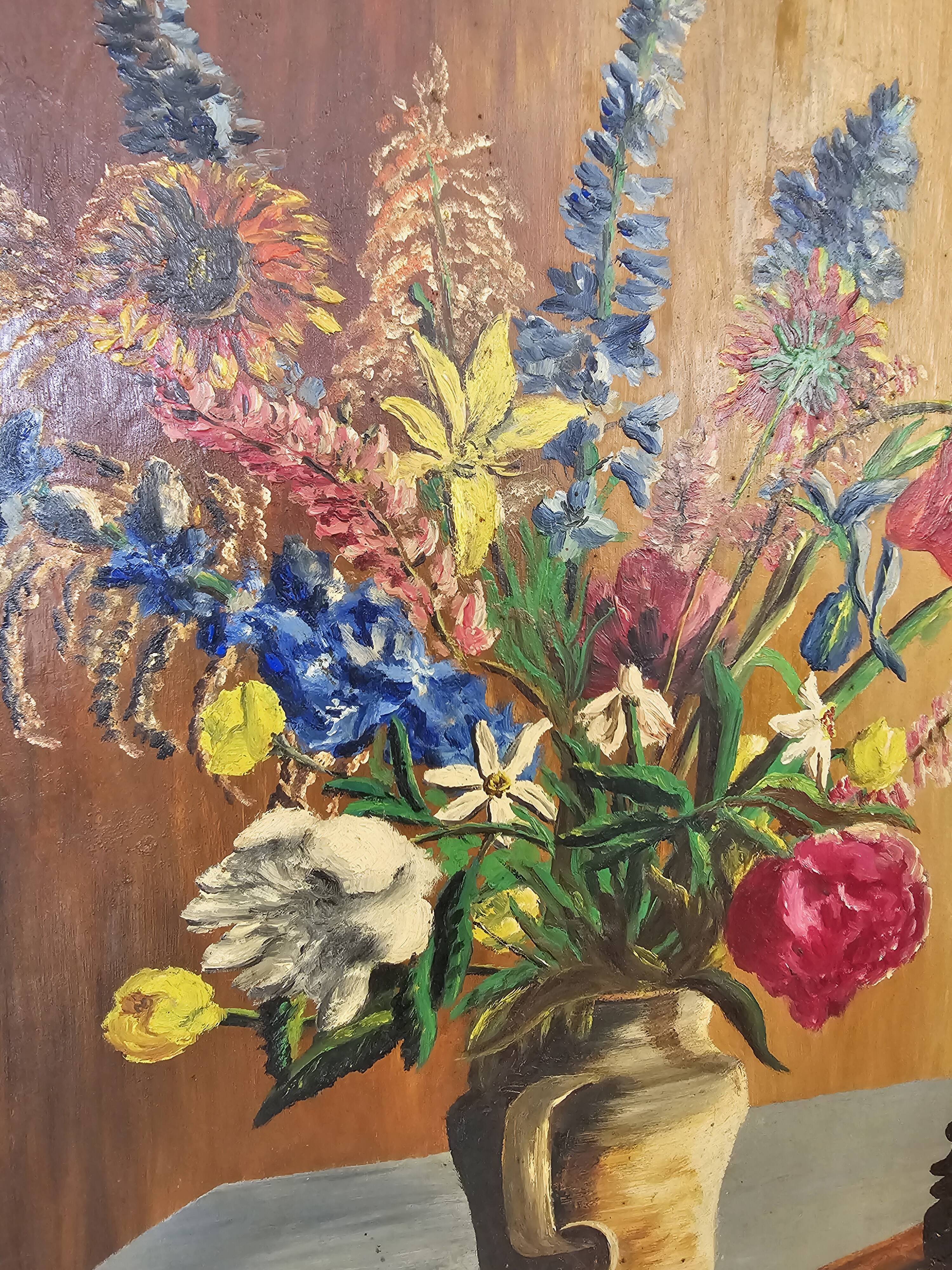 Oil on Isorel - Flower Bouquet / Chess Set - Michel Lamotte