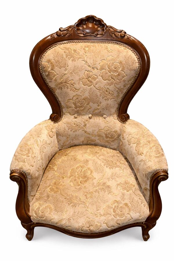 Fauteuil Bergère français ancien avec tapisserie florale – vers 1880–1910