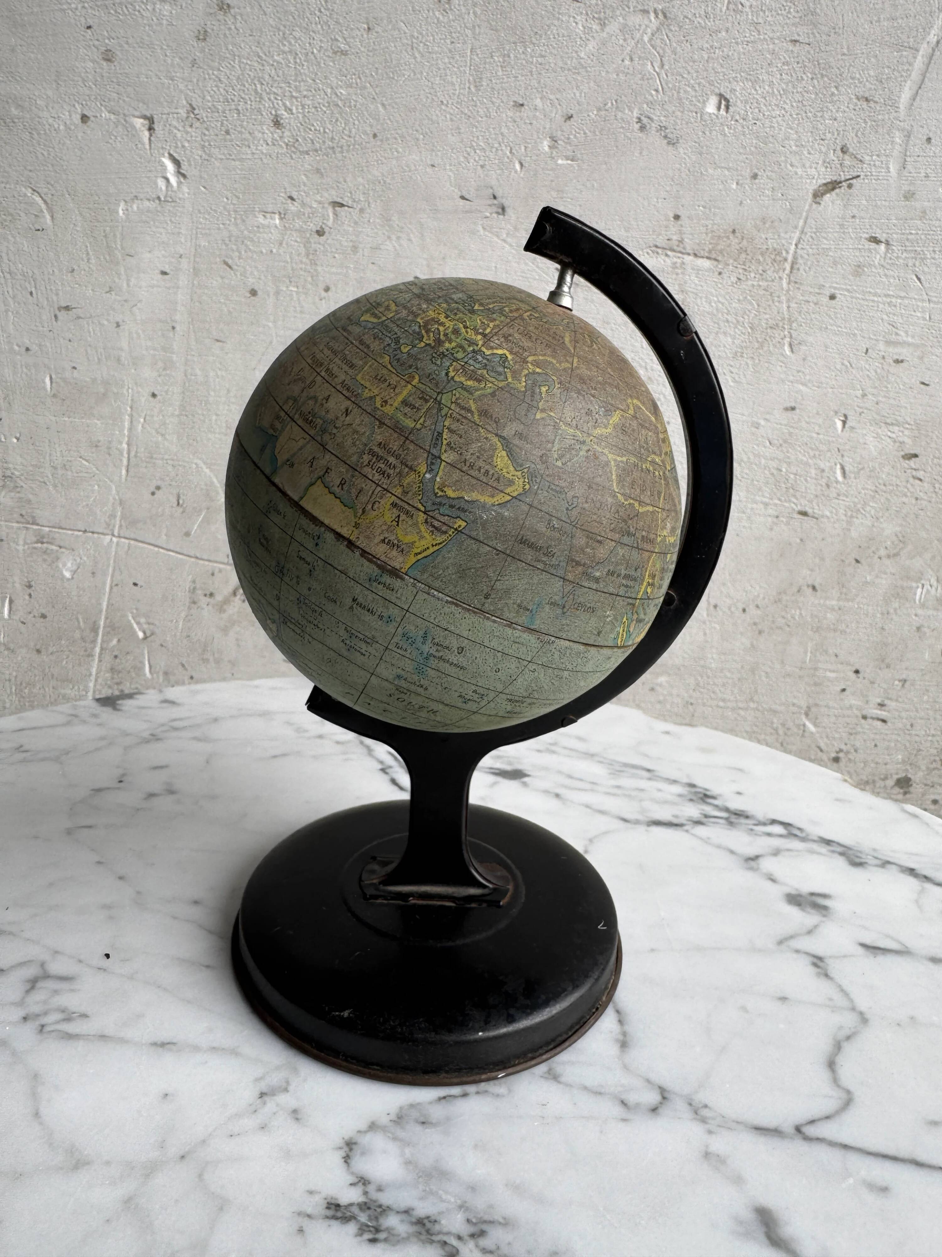 Miniature Green Paper-Covered Globe with Metal Base and Meridian — Made in England