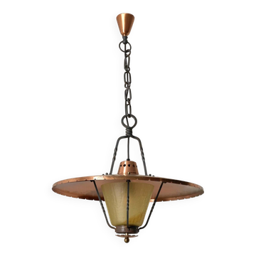 Wrought iron and copper pendant lamp with textured glass diffuser