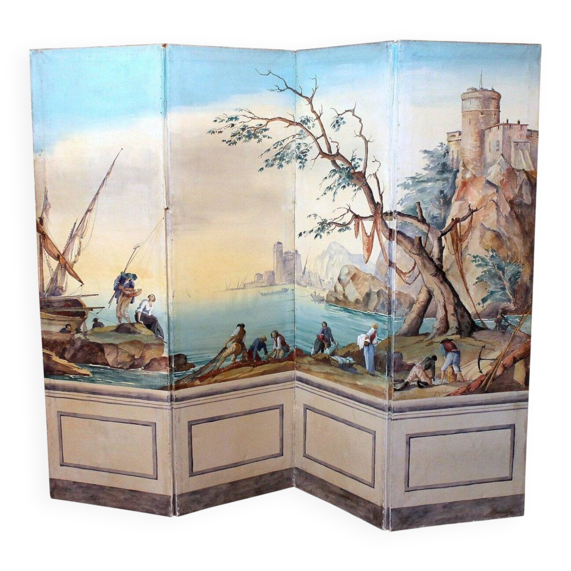 Early 20th Century French Tempera on Canvas Folding Screen with Seascape View
