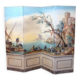 Early 20th Century French Tempera on Canvas Folding Screen with Seascape View
