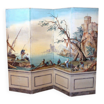 Early 20th Century French Tempera on Canvas Folding Screen with Seascape View