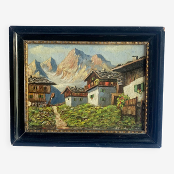 Village alpin Peinture à l’huile antique