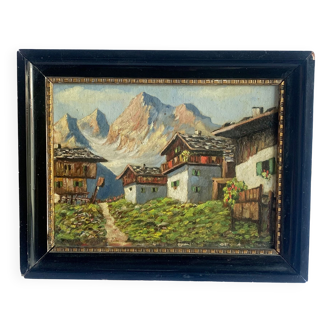 Village alpin Peinture à l’huile antique