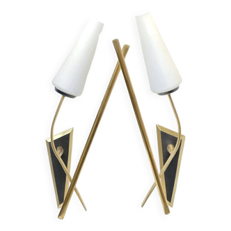 Pair of wall lights in brass and vintage white opaline tulip glass type Arlus LAMP-7112