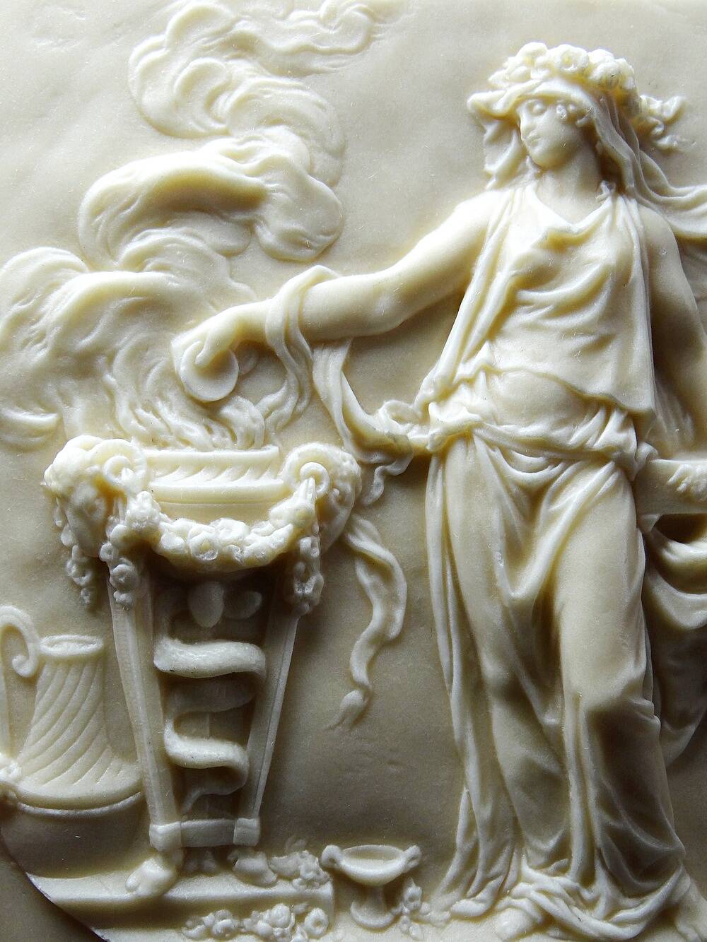 Small limestone bas-relief of petrifying fountains, antique scene, vintage