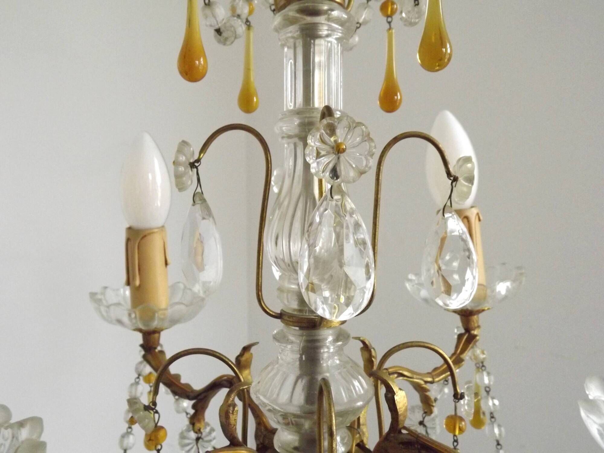 Vintage 4-Light Bronze, Glass & Crystal Chandelier with Amber Glass Drops