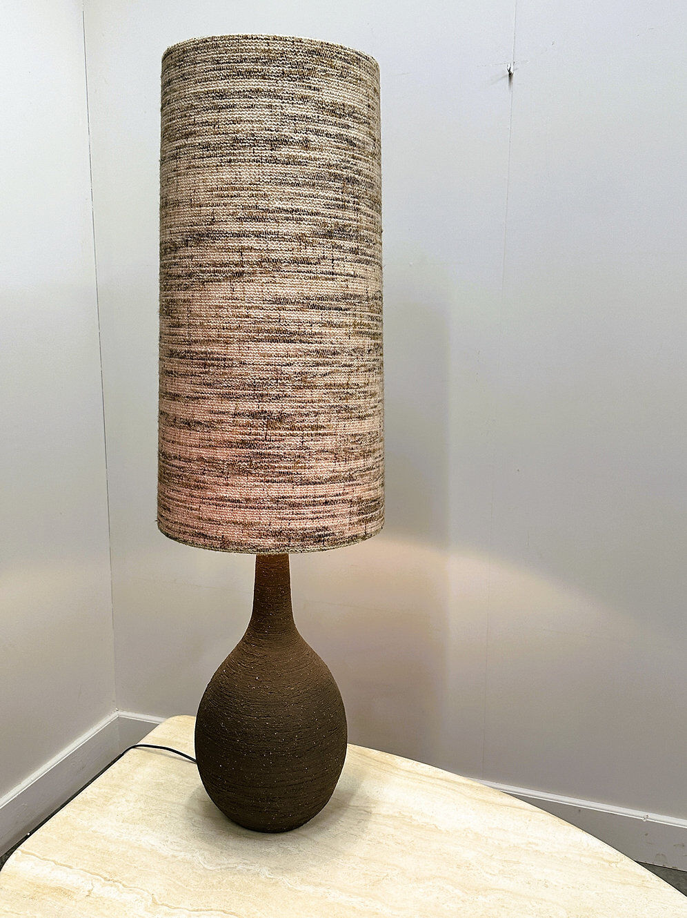 Vintage XL ceramic floor lamp with textured wool shade, 1970s. France