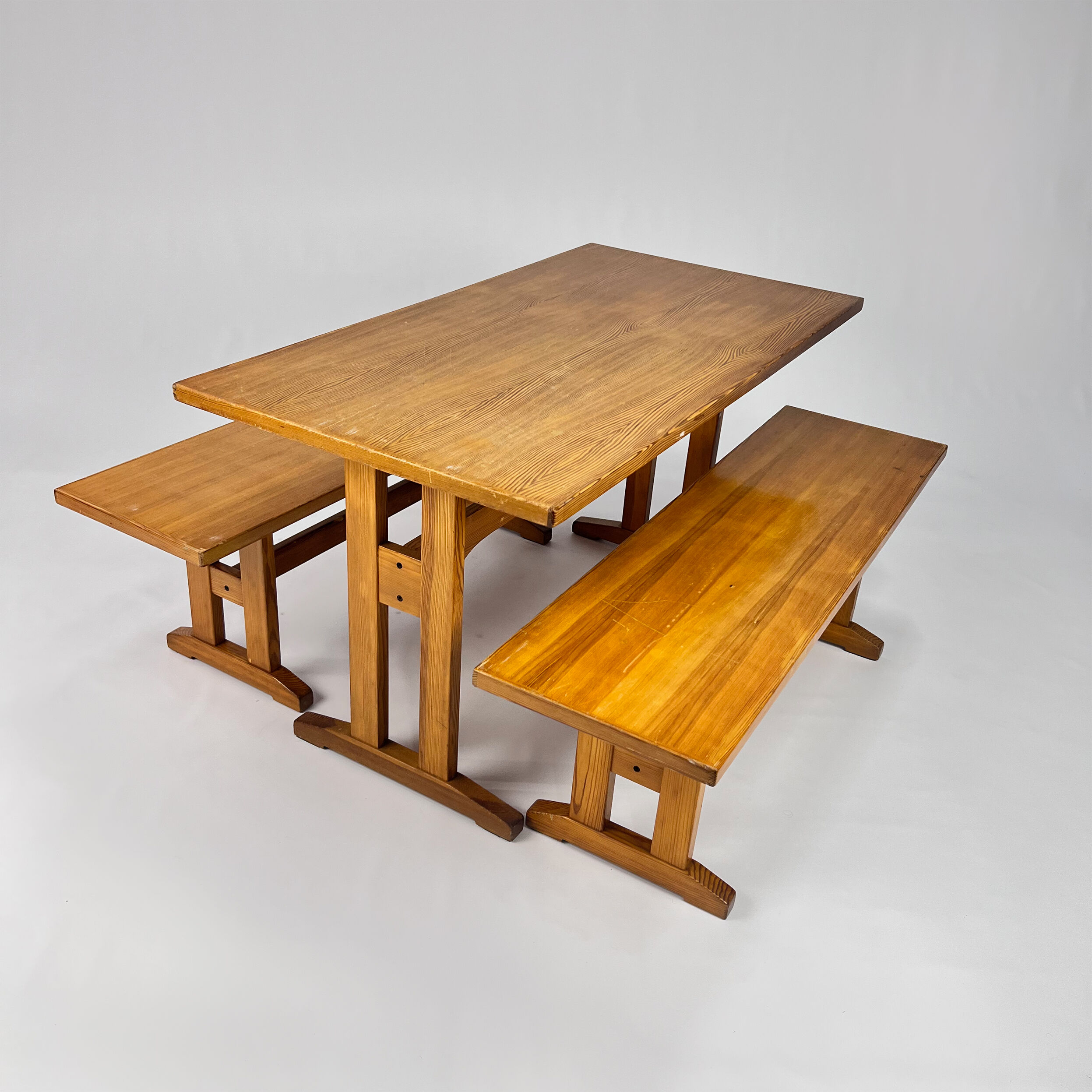 Mid century scandinavian pine dining set table and two benches, 1960s