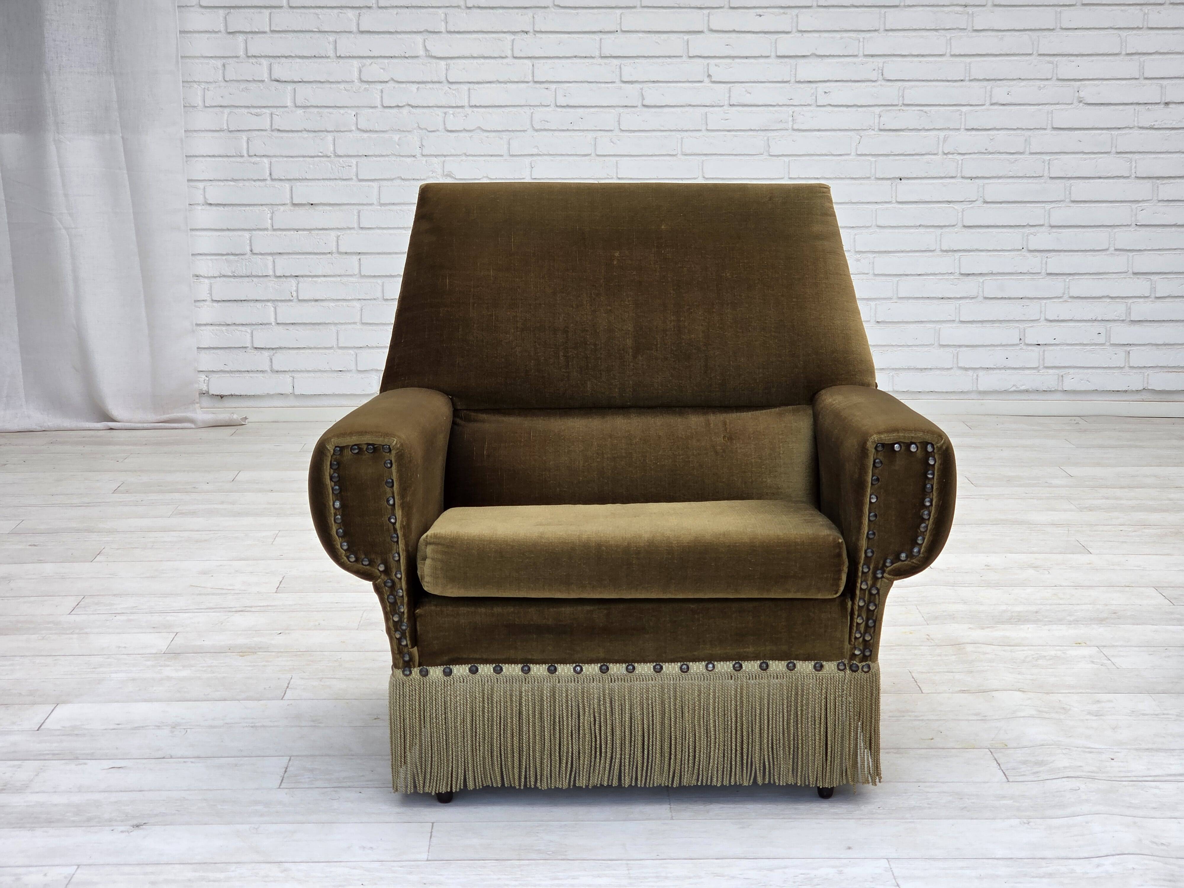 1970s, Danish armchair, green furniture velour, ash wood legs.