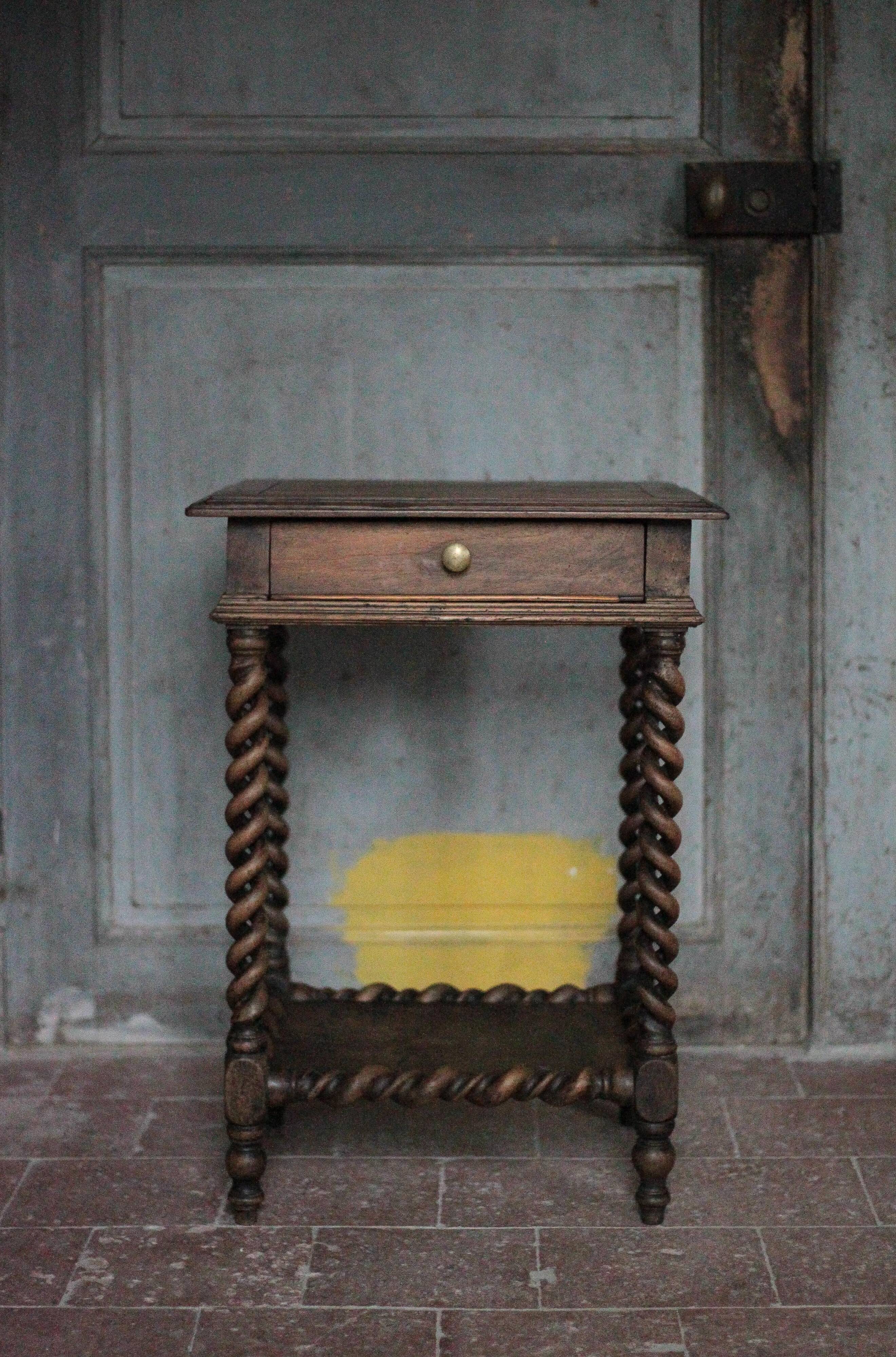 Antique turned wood bedside table with drawer, side table, nightstand