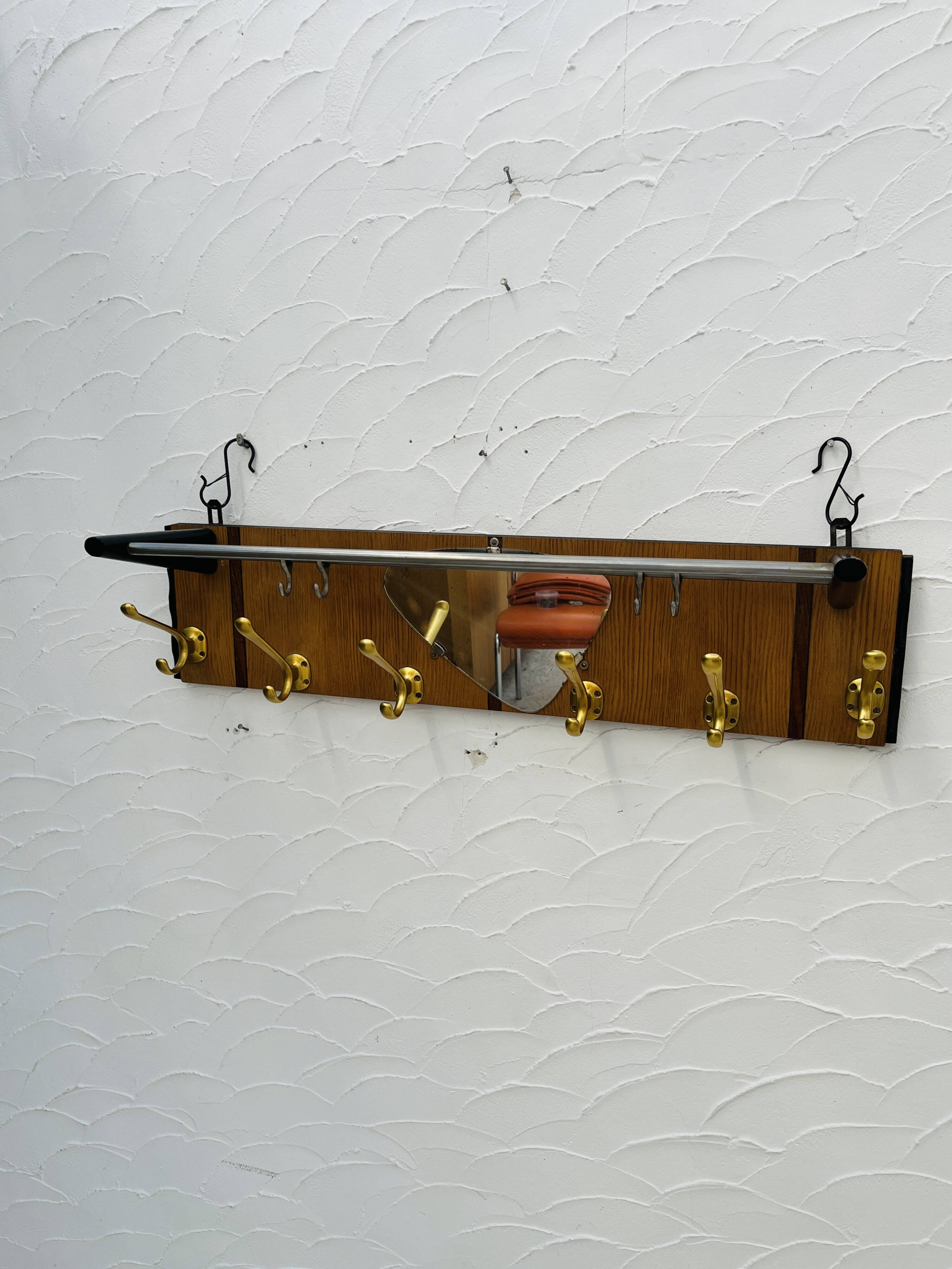 Vintage teak wall coat rack with mirror