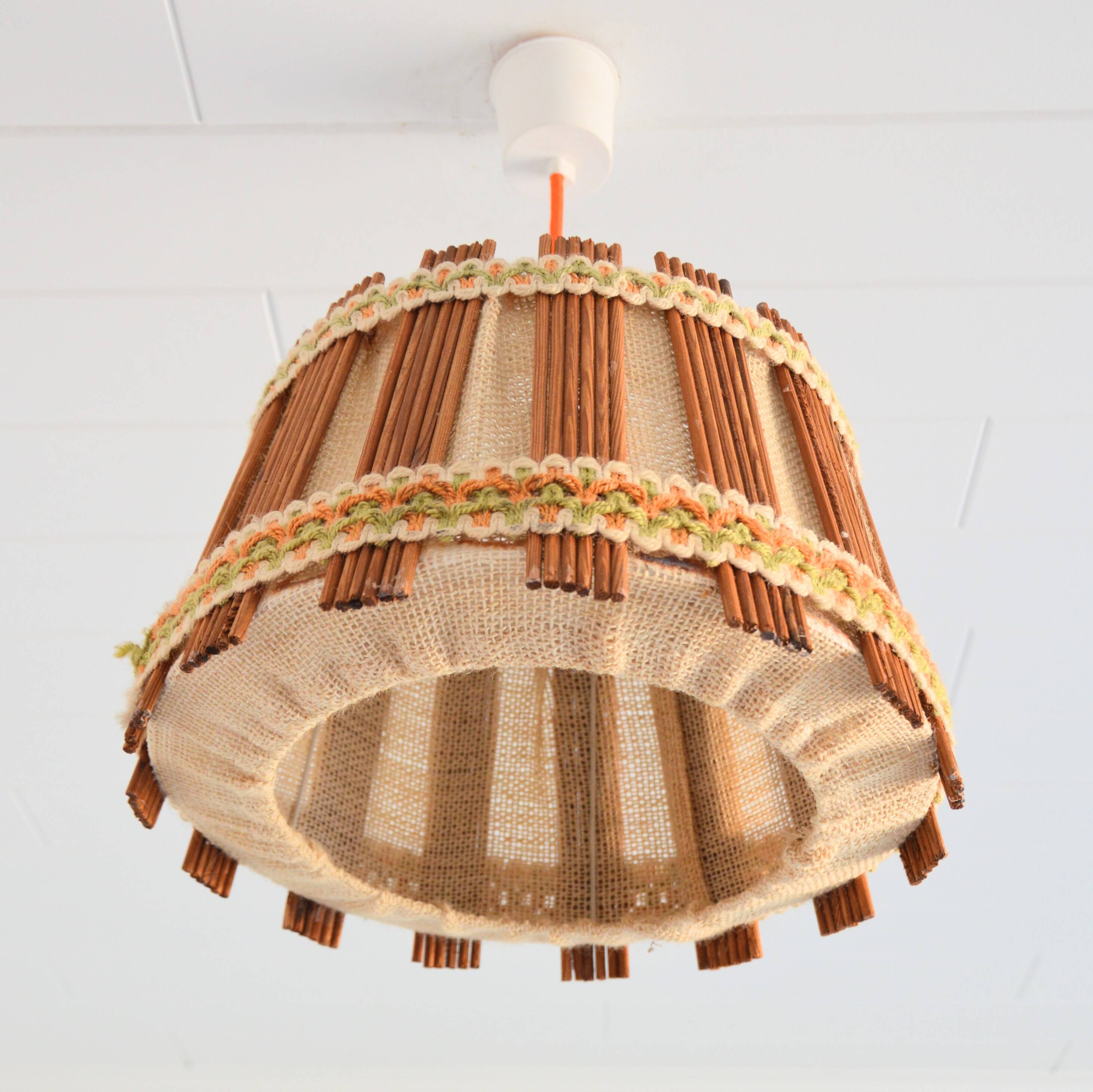 Vintage 1970s burlap and wood pendant light