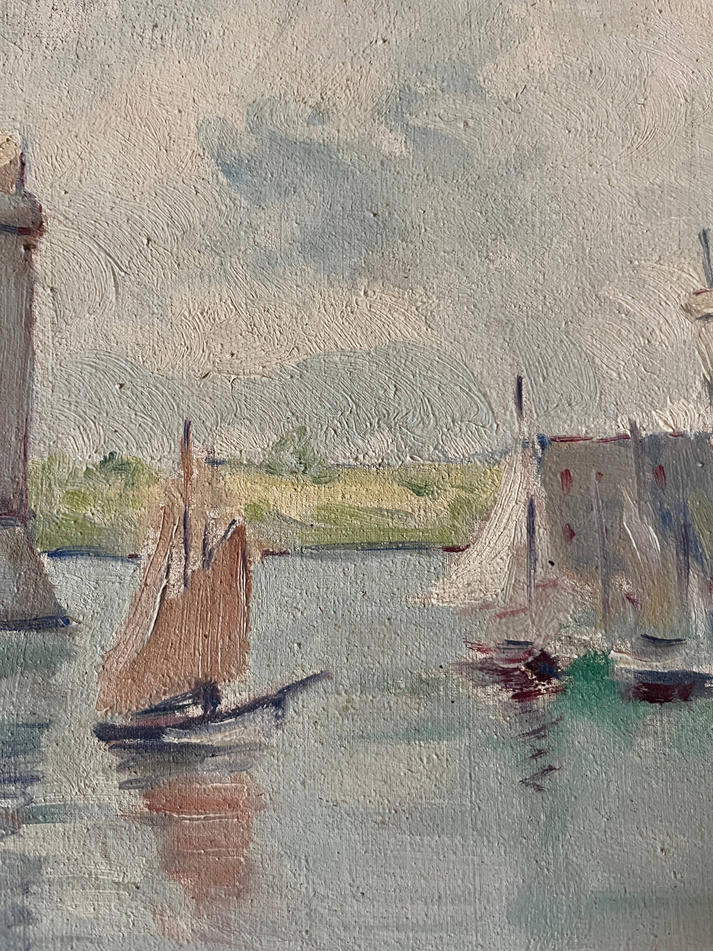 HST painting The Port of La Rochelle Post-impressionist 1900 signed Et. Simoni