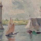 Tableau HST Le Port la Rochelle Post impressionniste 1900 signé Et. Simoni