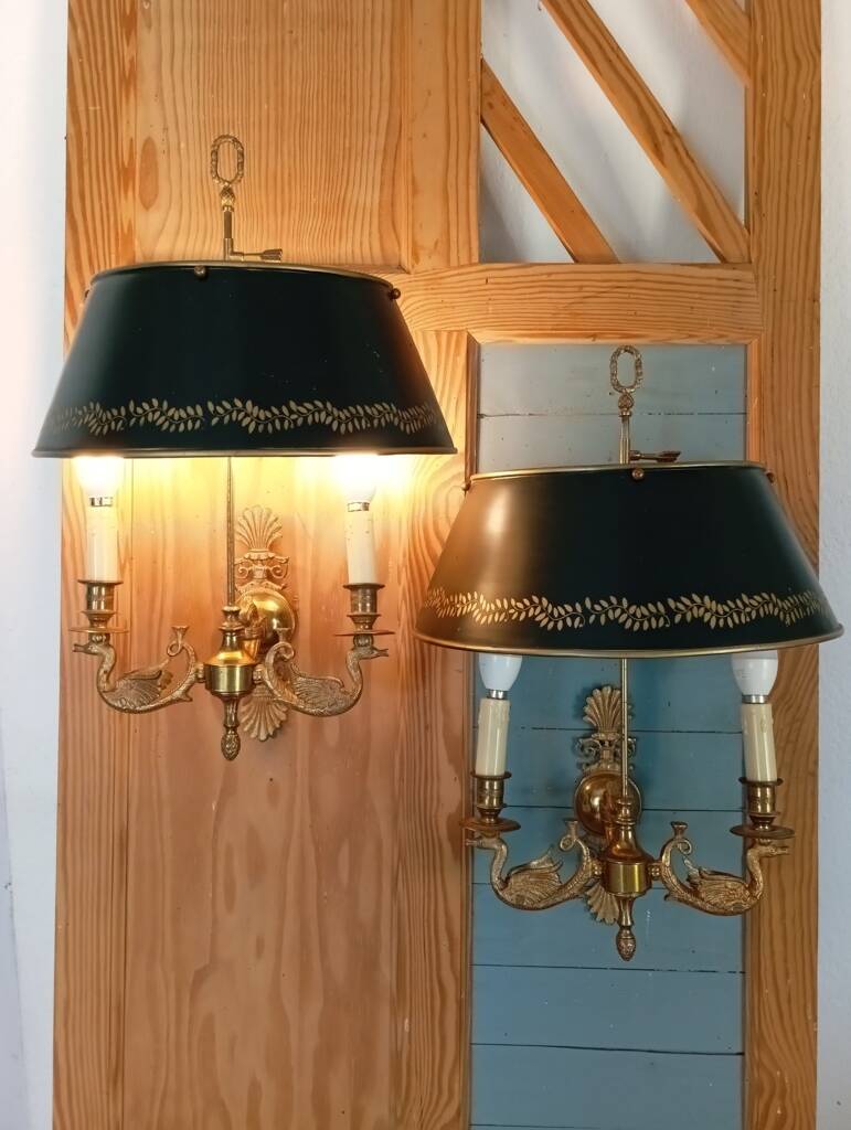 Pair of bronze and sheet metal hot water bottle wall lights