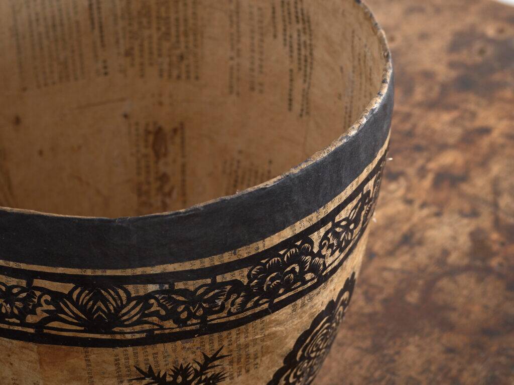 Antique Chinese papier-mâché basket with black papercuts – China, circa 1930