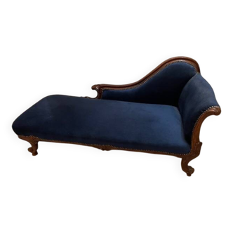 Chaise Longue Meridienne Right Side Mahogany Wood & Blue Velvet
