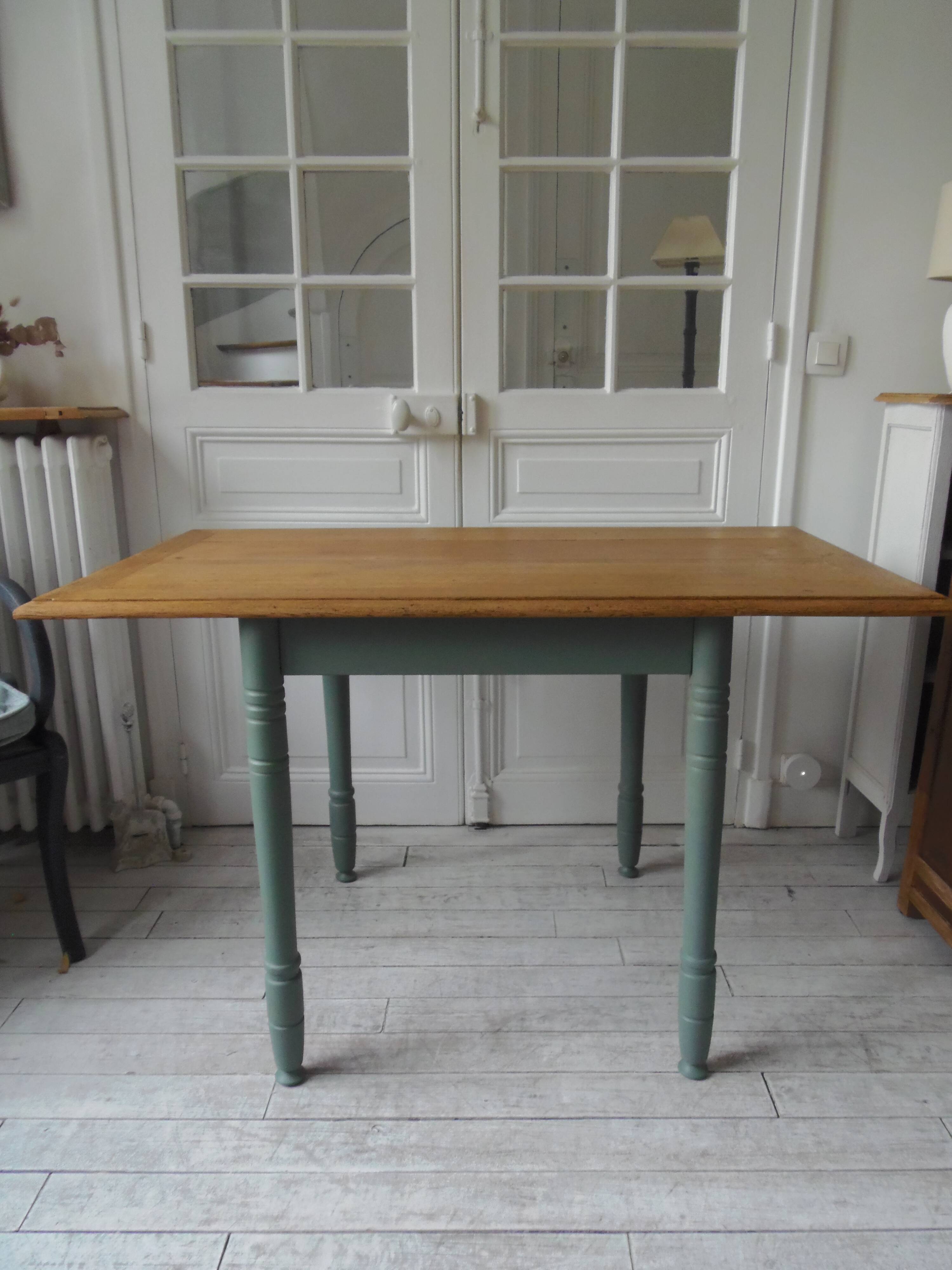 Table, vintage desk with smoked green legs, oak top.