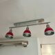 Designer pendant light with 3 red and chrome spots