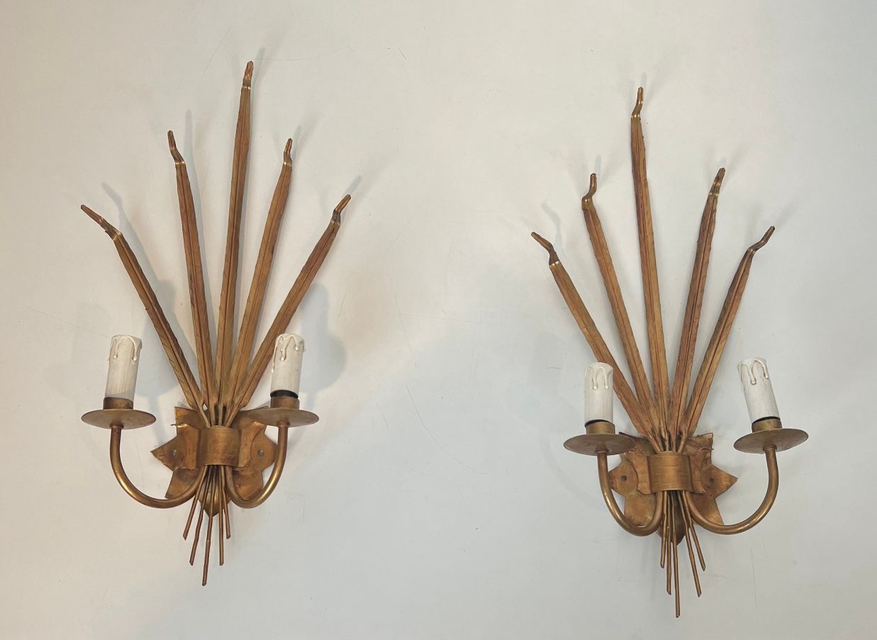 Pair of gold wall sconces with wheat ears in the style of Coco Chanel
