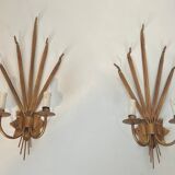 Pair of gold wall sconces with wheat ears in the style of Coco Chanel