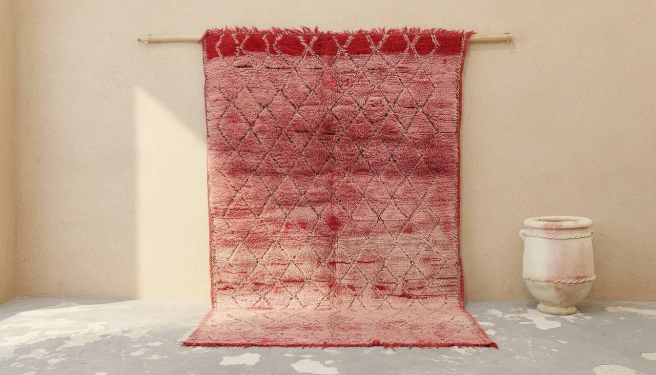 Vintage Boujaad rug 260×165 cm – Moroccan pink Berber rug with faded diamond tribal pattern, GO-1007