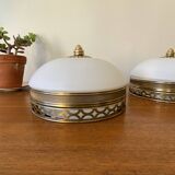 Paire d'appliques plafonniers anciens demi sphérique verre blanc et laiton