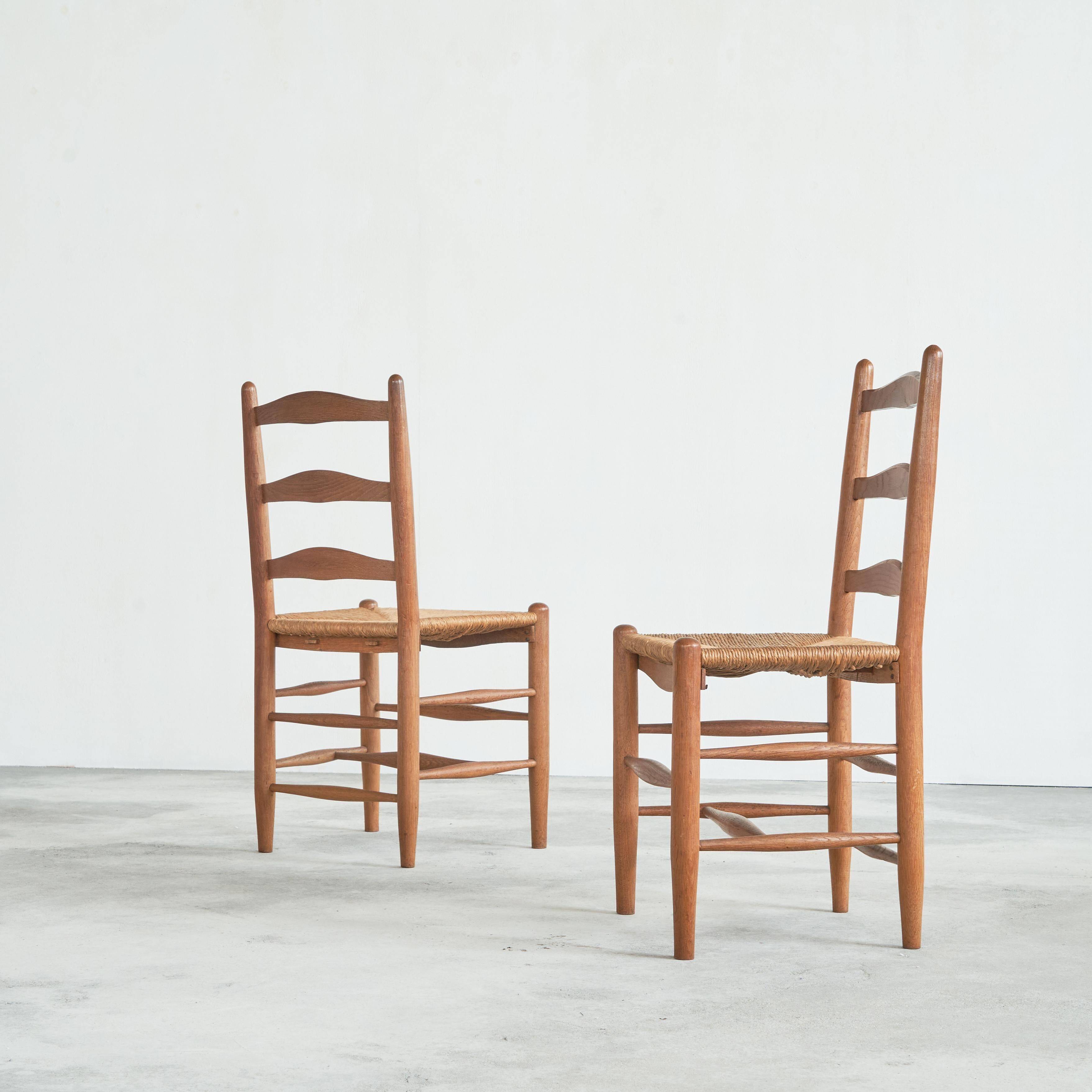 6 solid oak and woven bamboo chairs, mid-century, 1950s