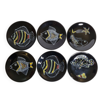 Set of 6 vintage plates with fish decoration after Robert Picault, 1960, 24 cm