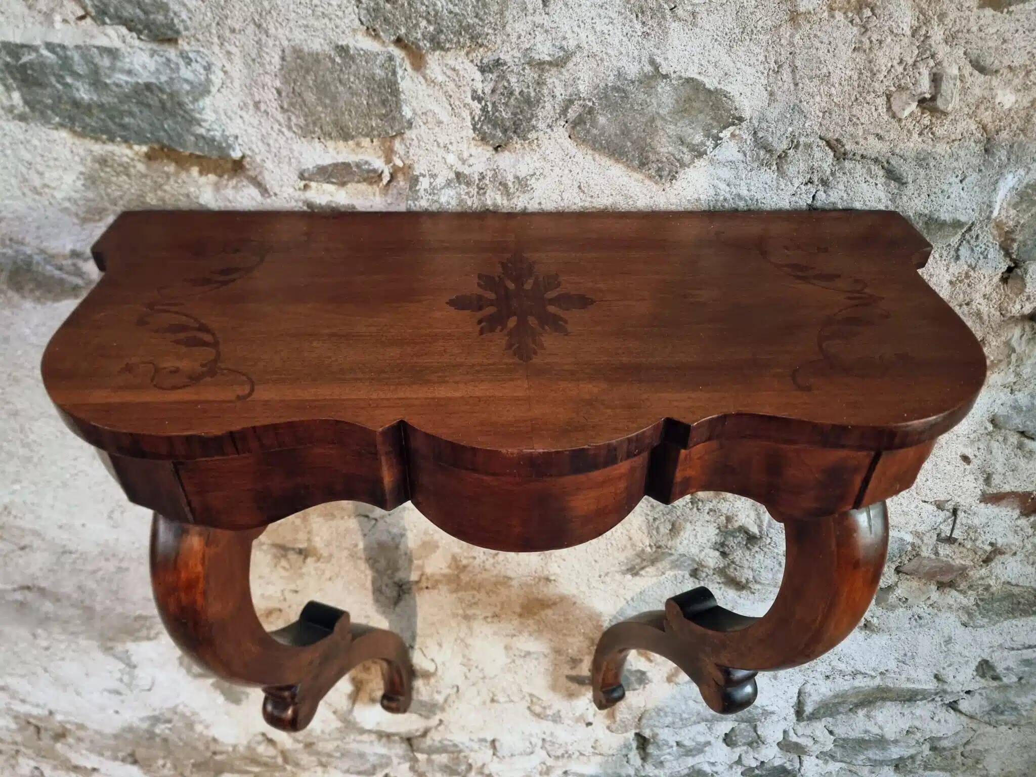 Antique French Napoleon III mahogany console table, wall table with marquetry, 19th century