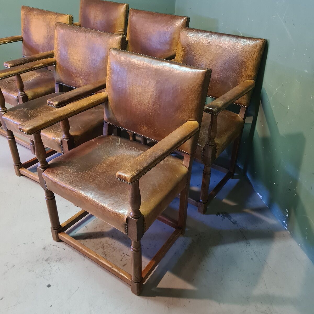 6 Oak Armchairs With Leather, Mid 20th Century