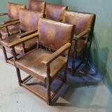 6 Oak Armchairs With Leather, Mid 20th Century