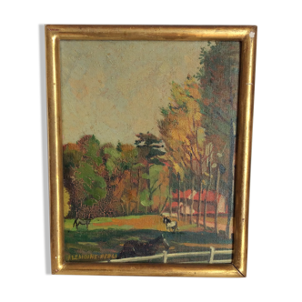 Tableau ancien paysage chevaux