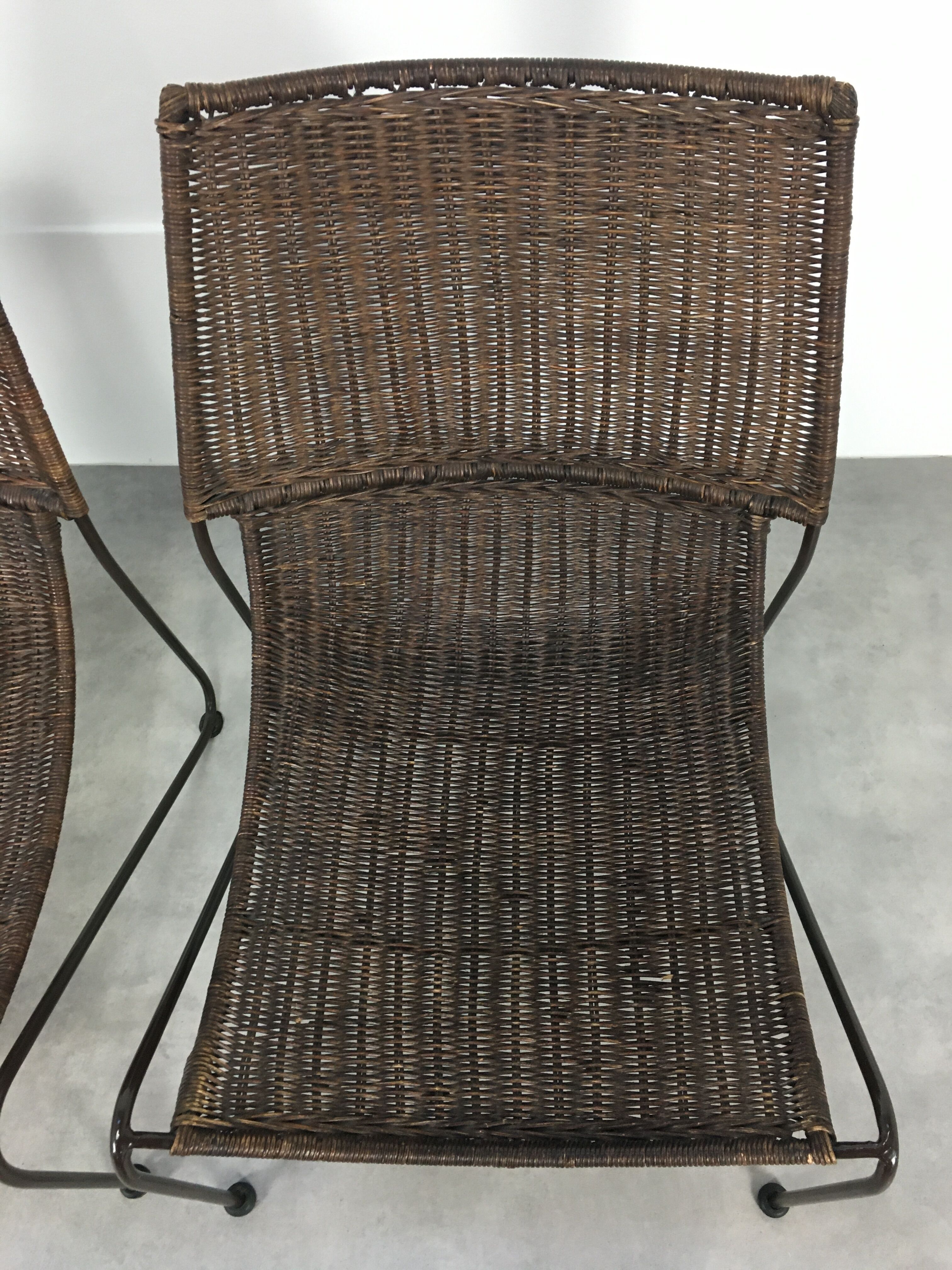 Pair of rattan and steel wire armchairs by frederick weinberg