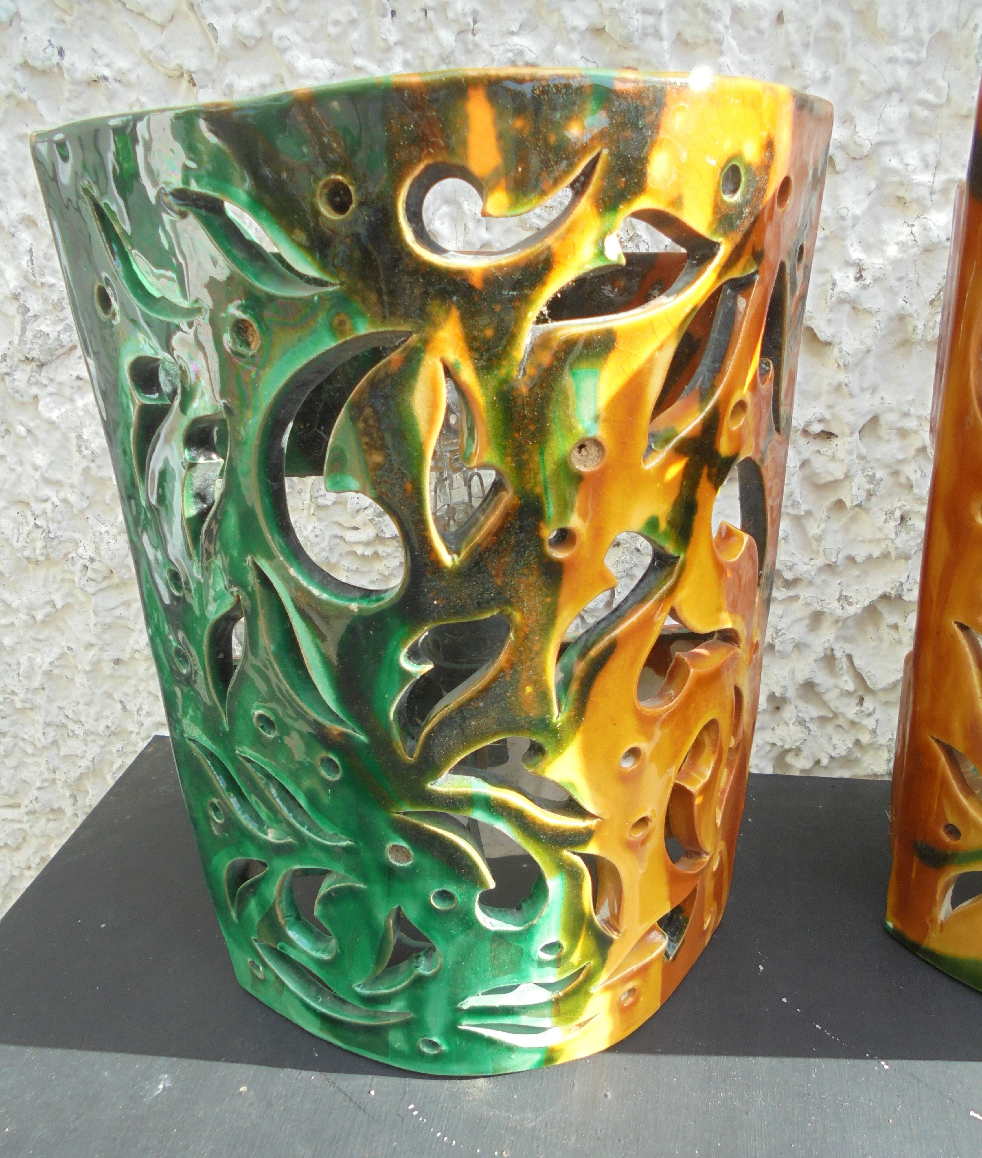 Pair of ceramic wall lights in Vallauris style, Brunin.