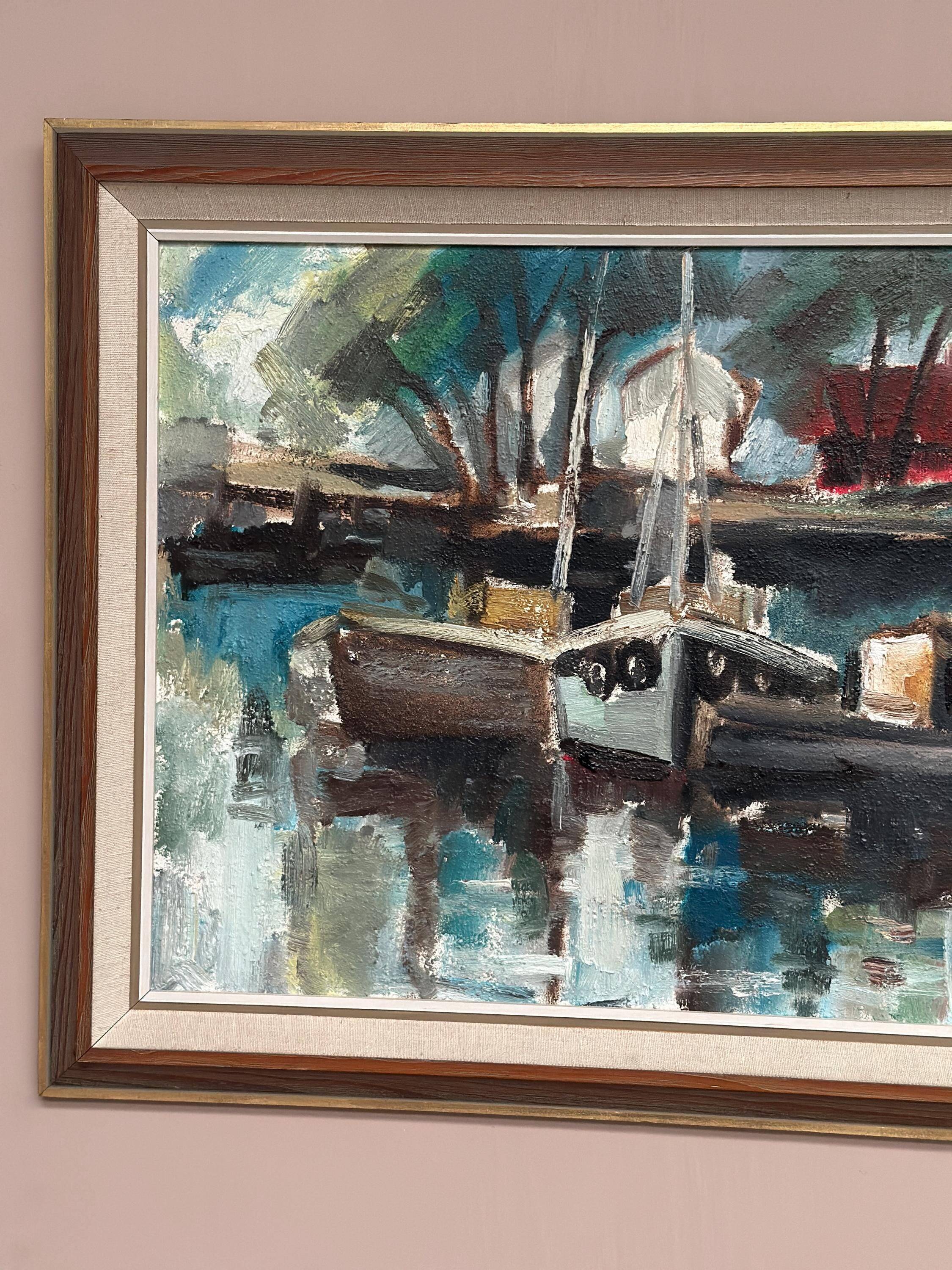 Huile sur panneau d'origine suédoise – « Motif de port » par Dag Björn Hellsing – Vintage et encadrée