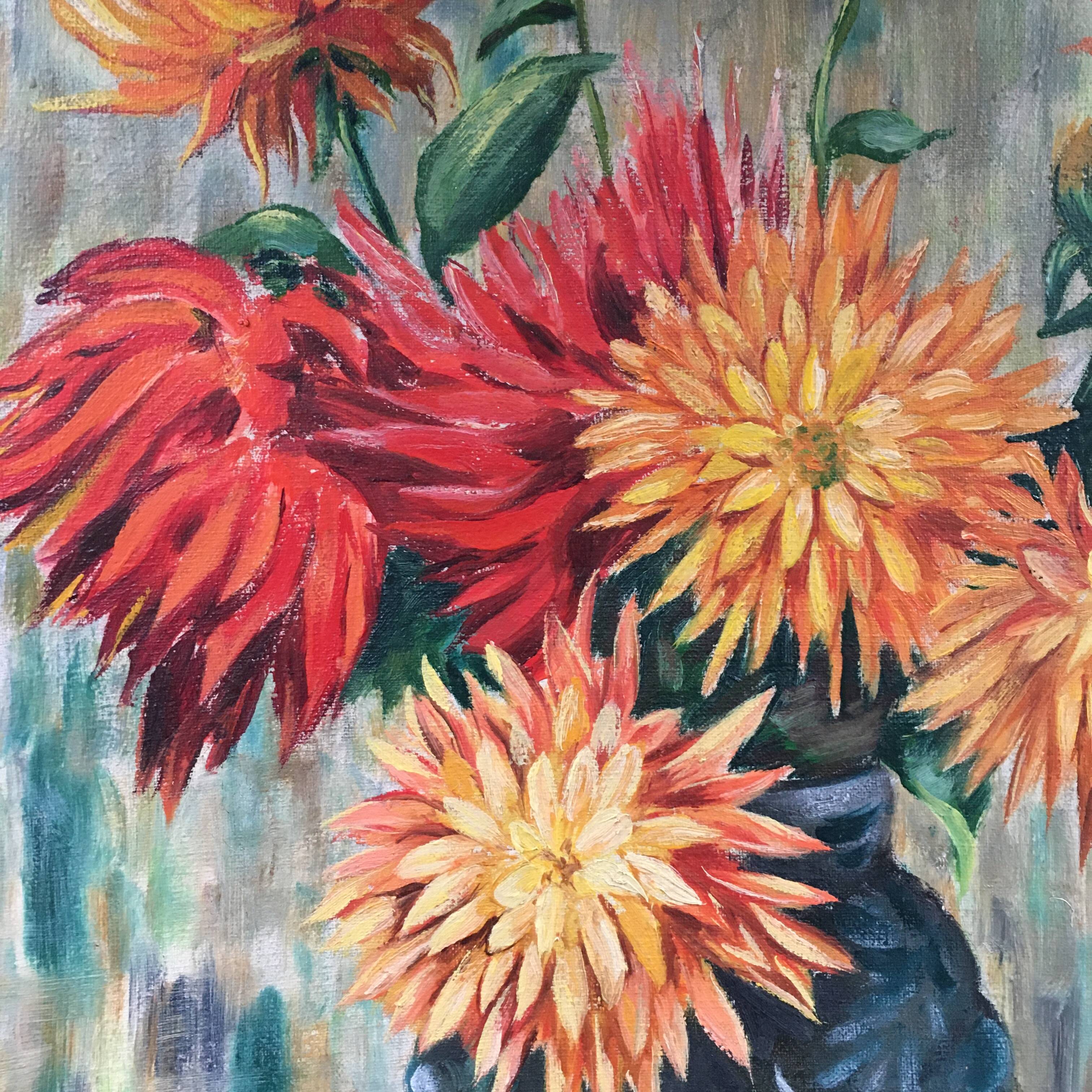 Old painting bouquet of dahlias